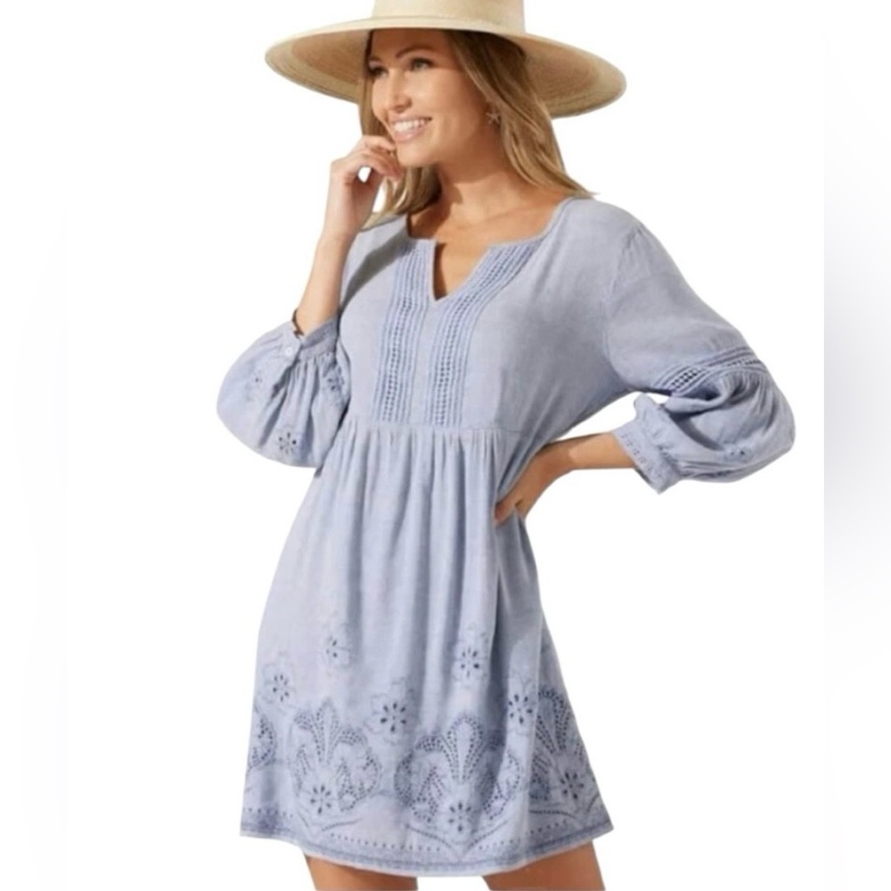 Tommy Bahama Olive Green Linen Viscose Eyelet Boho Peasant Dress - Picture 5 of 14